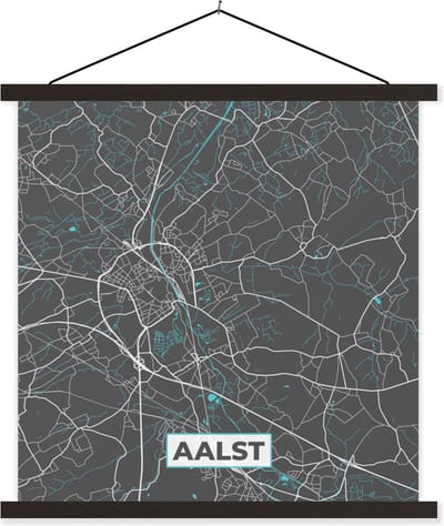 Posterhanger incl. Poster 60x60 cm - Schoolplaat - België – Aalst – Stadskaart – Kaart – Blauw – Plattegrond - Textielposter - Zwarte latten - Stadskaart