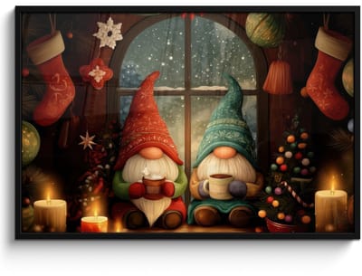 Poster in lijst - Fotolijst 120x80 cm - Posters - Gnooms - Kerst - Raam - Kleurrijk - Posterlijst zwart - Decoratie - Wanddecoratie woonkamer - Muurdecoratie slaapkamer - Kerstversiering - Kerstdecoratie voor binnen - Kerstmis