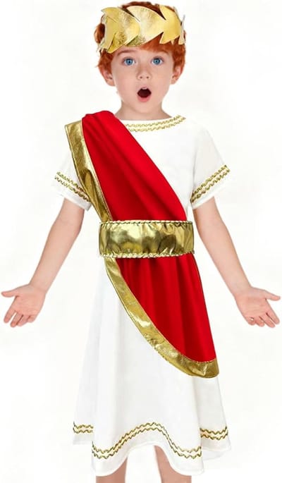 Antiek Grieks en Romeins Kostuum voor Kinderen, 3-delig met Lange Gewaad, Ceintuur en Hoofddoek voor Feestdagen, Carnaval en Halloween