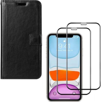 Bookcase Geschikt voor: iPhone 11 - zwart - portemonee hoesje + 2X Full cover Tempered Glass Screenprotector