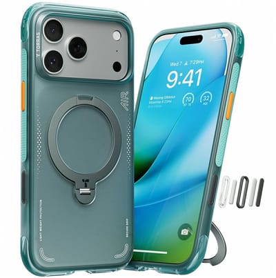 TORRAS Hoesje Geschikt voor Apple iPhone 17 Pro - Ostand Q3 Air Spin - Compatibel met MagSafe / Qi2 - Back Cover met Magneet - 360° Draaibare Ring Standaard - Groen