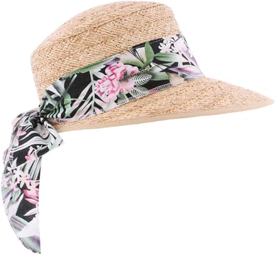 Casquette/chapeau en paille naturelle raphia pour femme très légère et souple avec foulard imprimé tropical noir