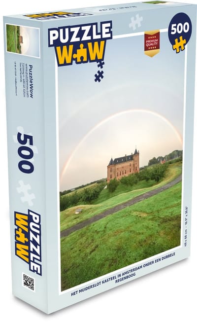 Puzzel Het Muiderslot kasteel in Amsterdam onder een dubbele regenboog - Legpuzzel - Puzzel 500 stukjes