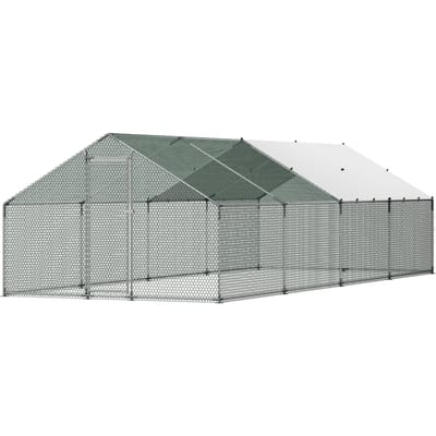 Grote Metalen Kippenhok, 3 x 8 x 2 m, Toegankelijke Kippenhokken met Waterdichte Afdekking, Huisvesting met Spitsdak voor Kippen met Slot, Buitenkooi voor Eenden en Konijnen