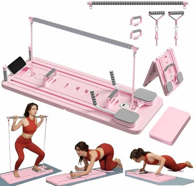 Ploutos® Pilates Board - Pilates Board met Weerstandsbanden – Thuis Fitness Set – Inclusief Bar & Enkelbanden - Roze - 106cm x 40cm x 7cm