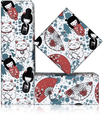 Dailygoods- Cadeaupapier Japanse stijl - Inpakpapier verjaardag - Inpakpapier baby - 4 vellen 50x70cm - Traditioneel ontwerp - Rood/wit met bloemen