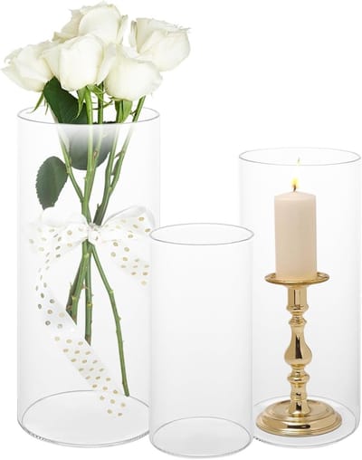 Set van 3 Glazen Vazen voor Tafeldecoratie, Ideaal voor Tulpen, Bloemen en Kaarsen, Hoogte 15/20/25 cm, Perfect voor Bruiloften en Feestelijke Gelegenheden