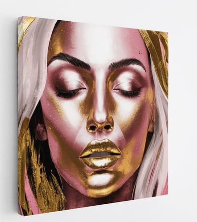 Saammp Canvas Schilderij - Vrouw - Explosie van goud en roze - abstract - 20x20 - Foto op canvas - Wanddecoratie - Muurdecoratie Woonkamer - Slaapkamer decoratie - Canvas Print