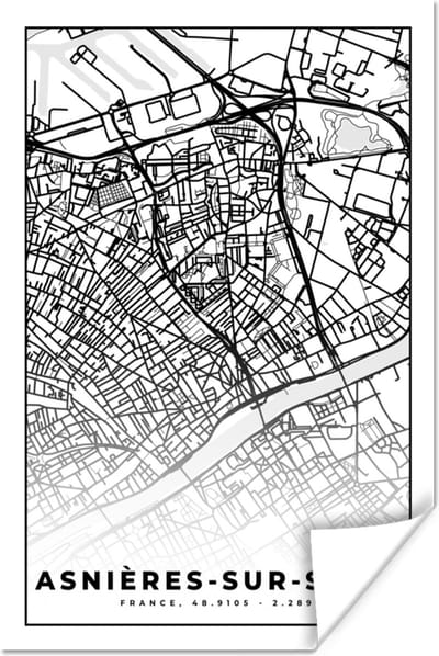 Poster Plattegrond - Asnières-sur-Seine - Kaart - Frankrijk - Stadskaart - Zwart wit - 120x180 cm XXL