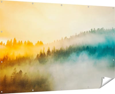 Gards Tuinposter Kleurrijke Zonsopgang in het Bos met Mist - 180x120 cm - Tuindoek - Tuindecoratie - Wanddecoratie buiten - Tuinschilderij