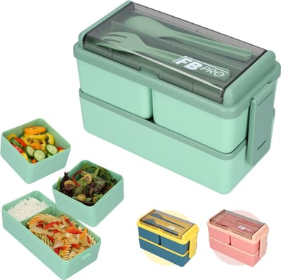 Lunchbox - 1400ml - Met servies en vakjes x3 - Geschikt voor rijst, noodles, groente, vlees en meer! - Voor kinderen en volwassenen - Groen