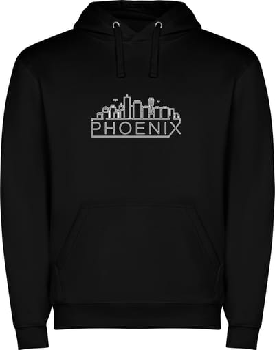 Zwarte unisex hoodie met “ Skyline Phoenix Arizona – Vakantiegevoel – Strak – Modern “ Print Full Color Color merk Roly maat S