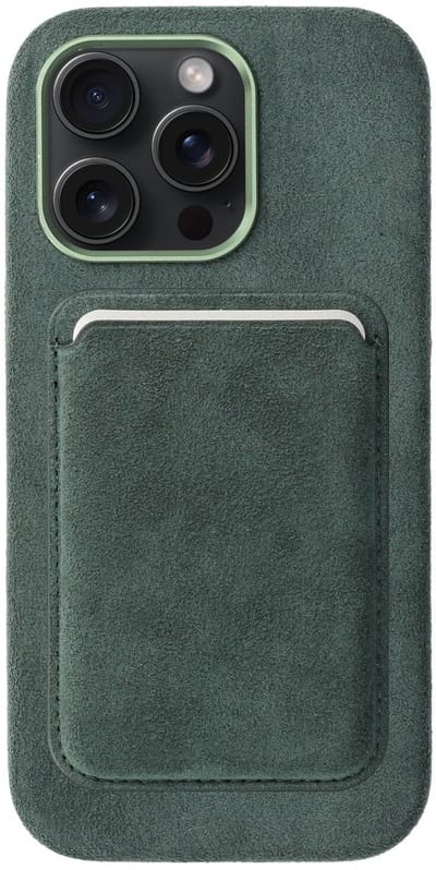 Rosso Avanti Hoesje Geschikt voor Apple iPhone 16 Pro met Magnetische Kaarthouder | Compatibel met MagSafe / Qi2 | Echt Italiaans Alcantara | Back Cover en Wallet | Groen