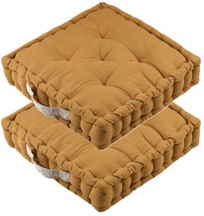 Stof Textile Vloerkussen DUO - 2x - mosterdgeel - katoen - 45 x 45 x 10 cm - vierkant - Extra dik - extra zitplaatsen - spelen - gamen - relaxen