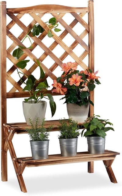 Famanu – Plantenrek met klimrek en 2 etages, staand bloemrek van hout, ideaal voor binnen en buiten, gevlamd