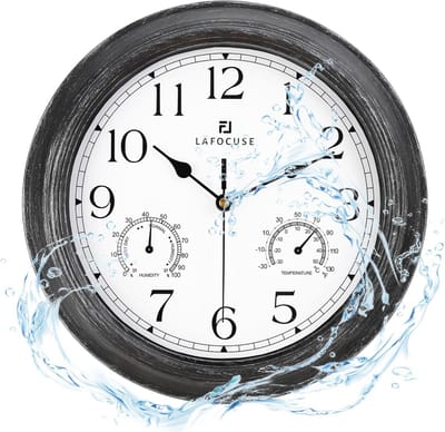 Waterdichte wandklok voor binnen en buiten met thermometer en hygrometer – Zwarte design klok 30 cm