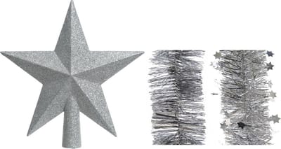 Kerstversiering kunststof glitter ster piek 19 cm en folieslingers pakket zilver van 3x stuks - Kerstboomversiering
