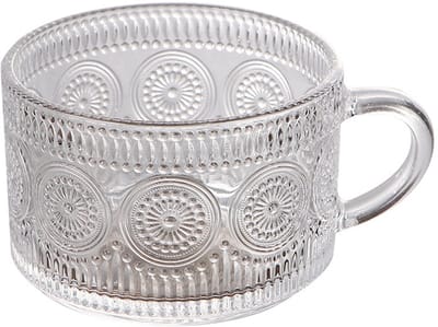 Vintage koffie- en theekopjes, glazen mokken set van 1, reliëfglaswerk met handvat, voor cappuccino, latte, ontbijtgranen, yoghurt, warme/koude dranken, melk