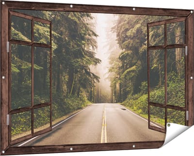 Gards Tuinposter Doorkijk Highway in Californië Omring met Bos - 150x100 cm - Tuindoek - Tuindecoratie - Wanddecoratie buiten - Tuinschilderij