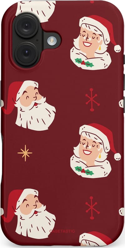 Casetastic hoesje geschikt voor Apple iPhone 16 - MagSafe - Dubbellaagse bescherming - Mr. & Ms. Santa - Kerst - Fashion Case - Bordeaux Lichtgrijs Taupe