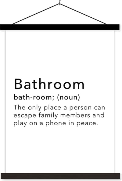 Posterhanger incl. Poster 60x80 cm - Schoolplaat - Spreuken - Quotes - The only place a person can escape family members - Bathroom - Woordenboek - Textielposter - Zwarte latten