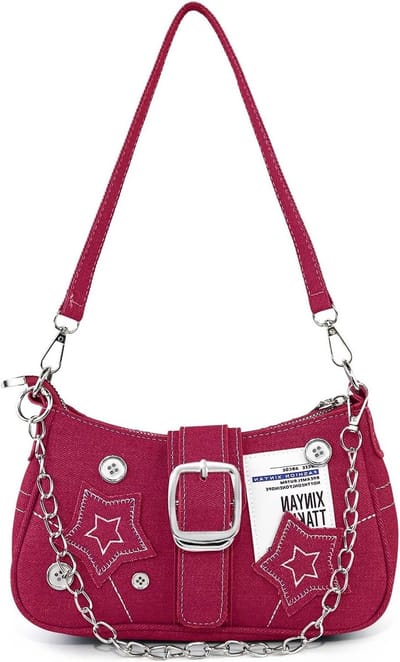 Dames denim schoudertas met handketting en afneembare schouderriem, trendy Y2K onderarmtas met rits voor dagelijks gebruik