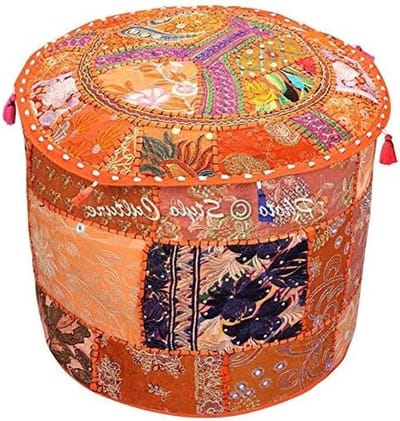 Ronde Stoffen Poef - Voetbank Ottomaan - Zitplek Creëren - Handgemaakt Patchwork Uniek - 55x35 cm - Oranje
