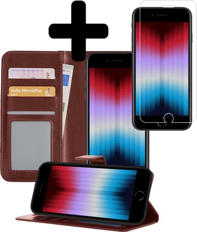 Hoesje - Met Screenprotector - Geschikt voor Apple iPhone SE (2022) - Luxe Pasjeshouder - Bookcase Portemonee - Flip Case - Kunstleer Book Case - Flipcase - Book Cover - Walletcase - Portemonneehoes - Telefoonhoesjes - Bruin
