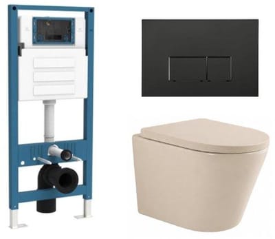 QeramiQ Dely Toiletset - inbouwreservoir Qeramiq Flush - 35mm zitting - kunststof mat zwarte bedieningsplaat - rechthoekige knoppen - beige