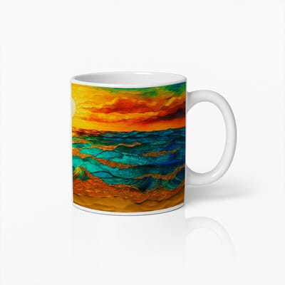Zonsondergang Oceaangolven Kunst Koffiemok – Levendig en Kleurrijk Zeeontwerp