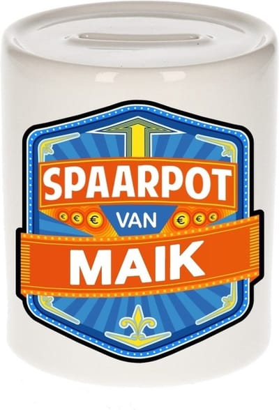 Bellatio Decorations Kinder spaarpot met naam - Maik - keramiek - met dop - wit - Sparen - Spaargeld van Maik