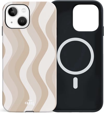 xoxo Wildhearts siliconen hoesje geschikt voor iPhone 15 MagSafe hoesje - Minimal Nude - Double Layer - Magnetisch telefoonhoesje - Magneet case - Backcover met dubbele beschermlaag - Golvenprint - Golvend patroon - golven - Beige / Creme / Wit