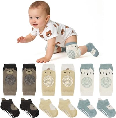 Crawlsokken voor Baby's, 3 Paar Kniebeschermers en 3 Paar Antislip Sokken voor Kinderen, Geschikt voor 0-12 Maanden, Comfortabel en Veilig