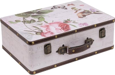 Vintage Houten Decoratieve Koffer, Opbergdoos met Deksel en Leren Handvat, Stijlvolle Opbergoplossing en Cadeau-idee voor Bruiloft of Verjaardag | Roze | 38 x 26 x 13 cm