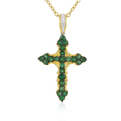 Cavill - Zilveren Halsketting 925 Verguld - 1,179 ct Zambia Smaragd Rond, 24 Stenen - Elegante Verstelbare Ketting met Kruisvormige Hanger