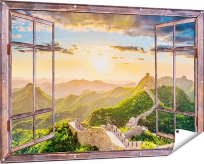Gards Tuinposter Doorkijk De Chinese Muur door de Bergen met Zon - 150x100 cm - Tuindoek - Tuindecoratie - Wanddecoratie buiten - Tuinschilderij