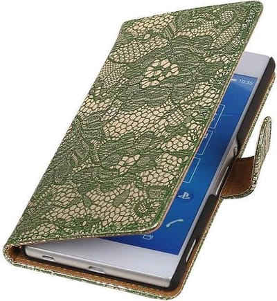 Lace Bookstyle Wallet Case Hoesjes Geschikt voor Sony Xperia Z4 Z3+ Donker Groen