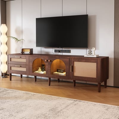 STILVORA Houten TV-meubel met Rattan-lades en glazen deuren - LED-verlichting inbegrepen - Voor woonkamer en slaapkamer - 180x40x50 cm - Hout - Bruin
