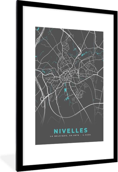 Fotolijst incl. Poster - Stadskaart – Grijs - Kaart – Nivelles – België – Plattegrond - 80x120 cm - Posterlijst