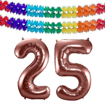 Folat Verjaardag Leeftijd folieballon - 25 jaar - rosé goud - 86 cm - cijferballon groot - incl 2x feestslingers