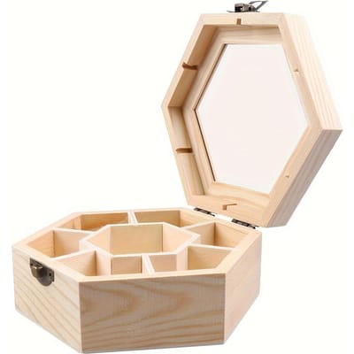 1 st. Onafgewerkte houten sieradendoos, zeshoekige DIY-sieradenopbergdoos, lege brievenbeheerder, 7 compartimenten, transparante bovenkant, knutselcadeau 1pc