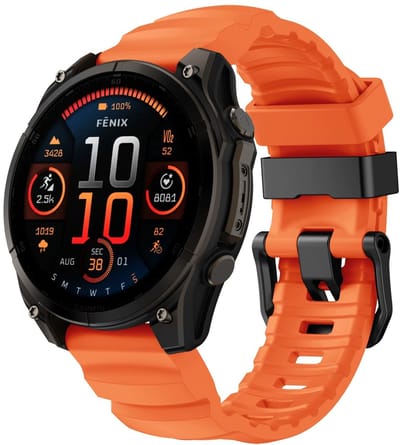 Stravo TrailFit Siliconen Bandje voor Garmin Fenix 5 (Plus)/Fenix 6 (Pro)/Fenix 7 (Pro-Sapphire-Solar)/Fenix 8 - 47mm/Fenix E/Epix (Pro) Gen 2 - 47mm - Robuuste sportieve siliconen horlogeband - QuickFit 22mm band voor Garmin smartwatches - Oranje