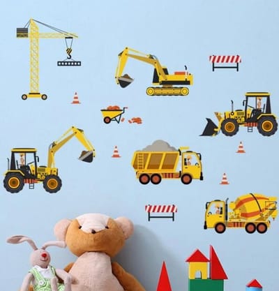 Muursticker - Raamsticker Bouwplaats - Werkvoertuigen - Bob de Bouwer Hijskraan - Shovel - Muur Sticker / Raam sticker Keuken – Handgeschilderd | Kinderkamer | Jongens – Meisjes – Baby | Verwijderbaar – Zelfklevend plakfolie | DH collection