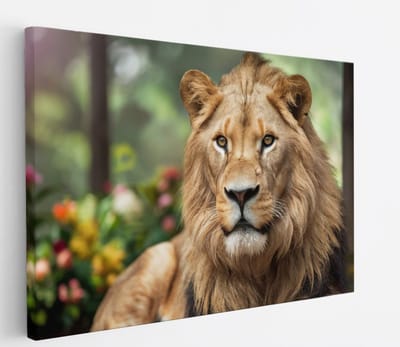 Saammp Canvas Schilderij - Leeuw tussen de bloemen - Dieren - Natuur - 45x30 - Foto op canvas - Wanddecoratie - Muurdecoratie Woonkamer - Slaapkamer decoratie - Canvas Print