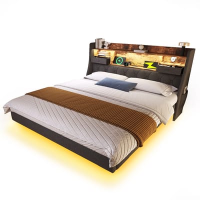 Wishdor – Retro Bed 160x200 cm – LED 60.000+ Kleuren & USB‑C Snellader – Opberghoofdbord & 15 cm Ruimte – Linnen Grijs