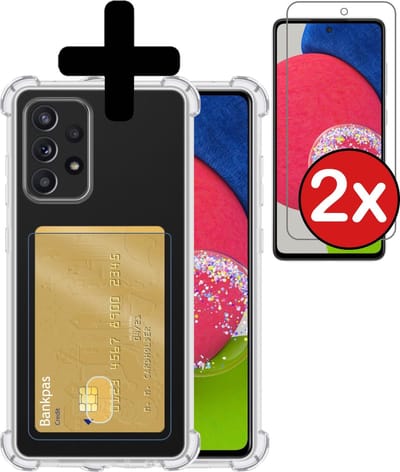 Hoesje - Geschikt voor Samsung Galaxy A52s 5G - Met 2x Screenprotector - Pashouder - Kaarthouder - Back Cover - Telefoon Hoes Shockproof - Siliconen Case - Shock Proof - Pasjes Houder - Telefoonhoes - Transparant