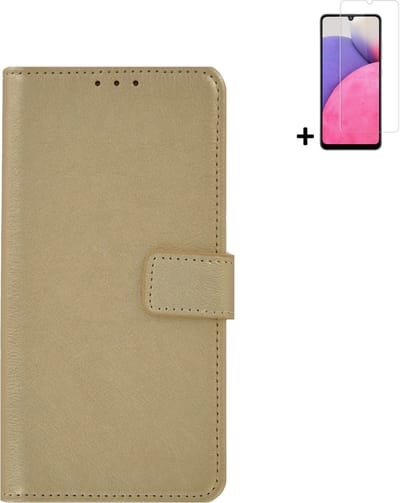 MoDo hoesje Geschikt voor Samsung Galaxy A33 5G - Kunstleer Book Case - Goud hoesje met screenprotector