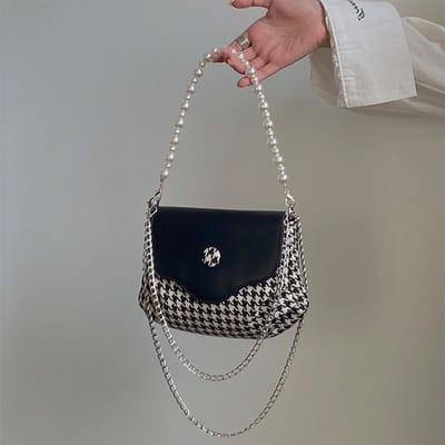 Niche Design Contrasterende Kleur Ketting Onderarmtas voor Dames High-end Pied-de-poule Parel Schoudertas Crossbodytas Nieuwe Trend gray