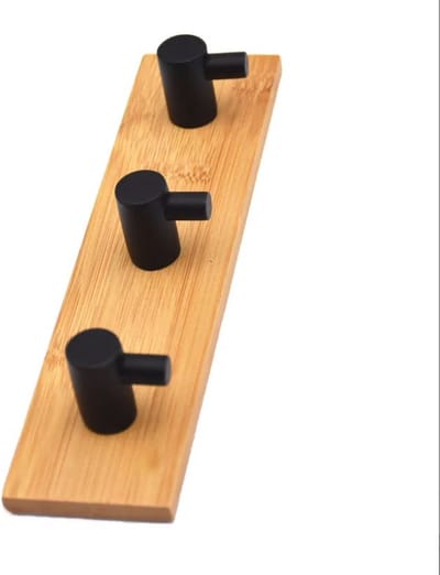 DWIH® - Zelfklevende trippel Haak van Bamboe en zwart staal - Ophanghaken - Zelfklevend - Handdoekhaakjes - Badkamer - Bamboo - Zwart Staal