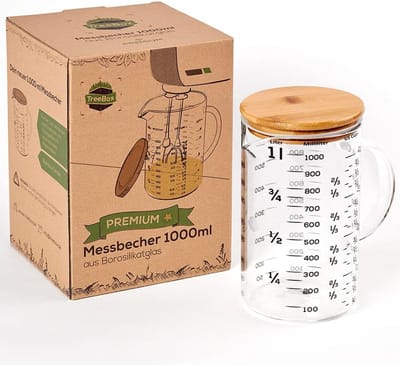TreeBox Premium glazen maatbeker 1L – hittebestendig borosilicaatglas met bamboedeksel, geschikt voor microgolf, ideaal voor bakken, koken en mixen